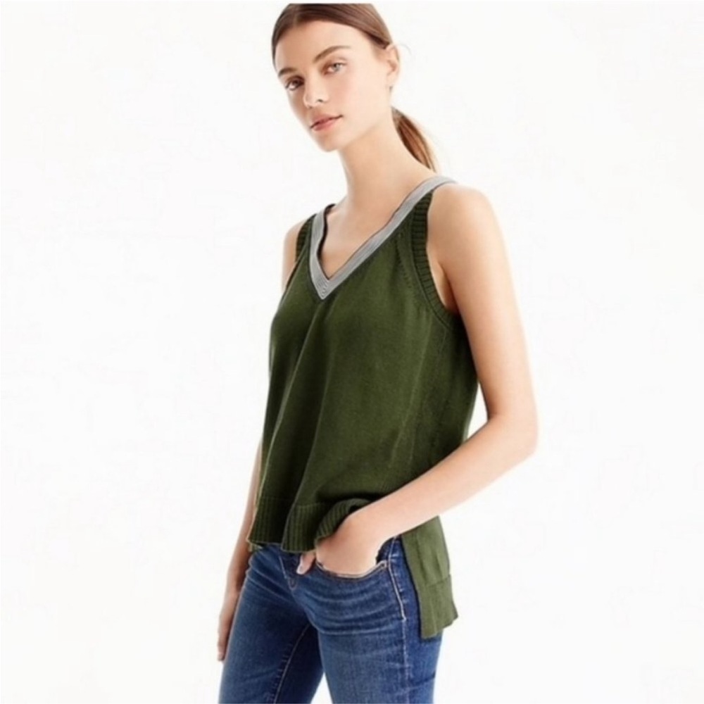 J. Crew Olive Green Sleeveless Sweater Tank Size Small Striped Ribbon Trim
